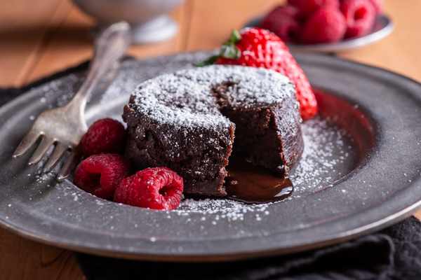 Chocolate lava cake on a platter